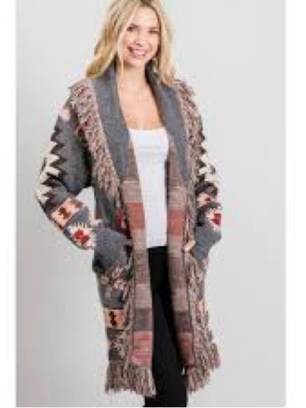 Fringed Open-Front Aztec Oversized Cardigan Sweater
